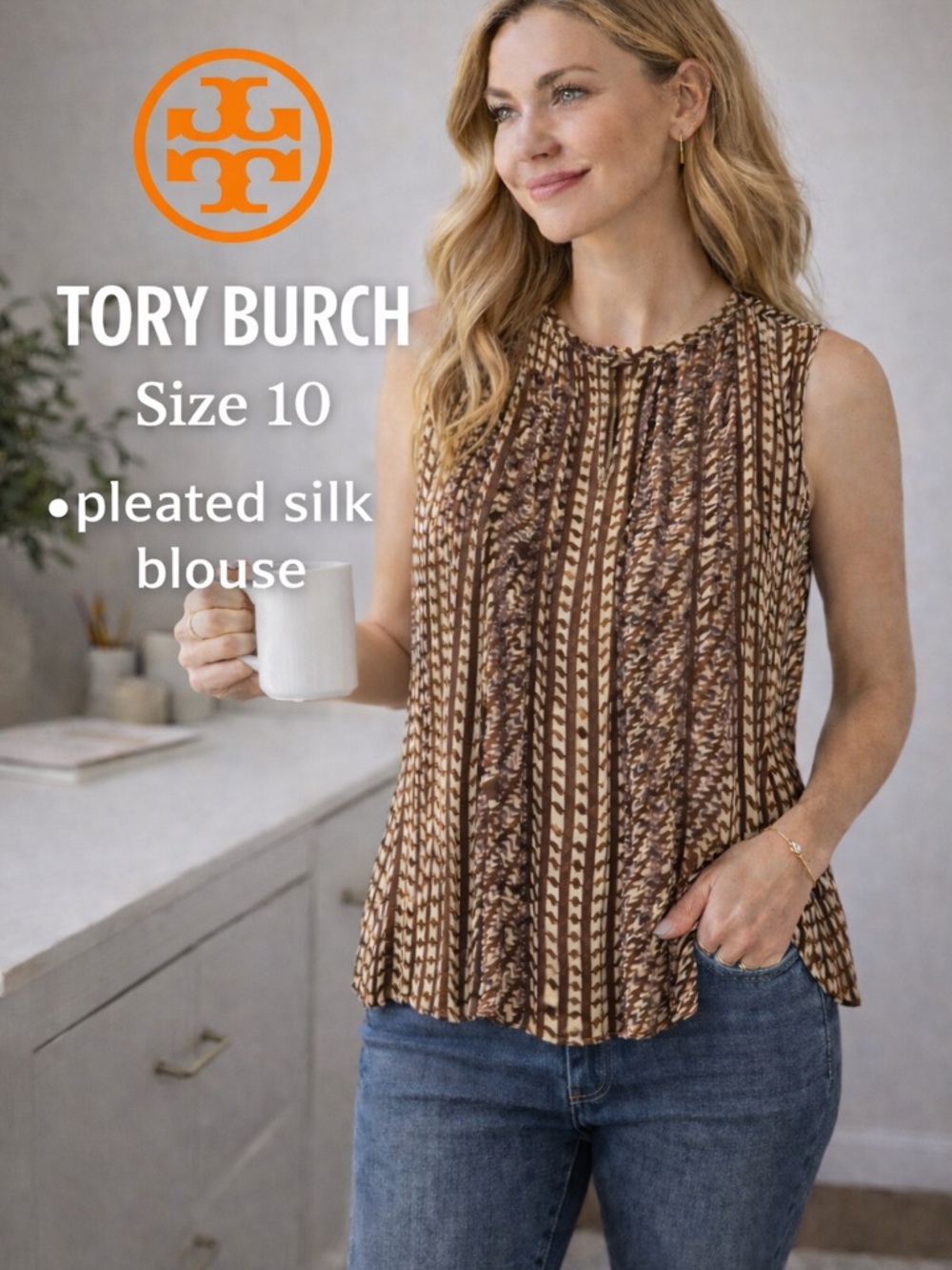 Tory Burch Pleated Silk Blouse Brown Print Sleeveless Size 10 Boho Geometric
